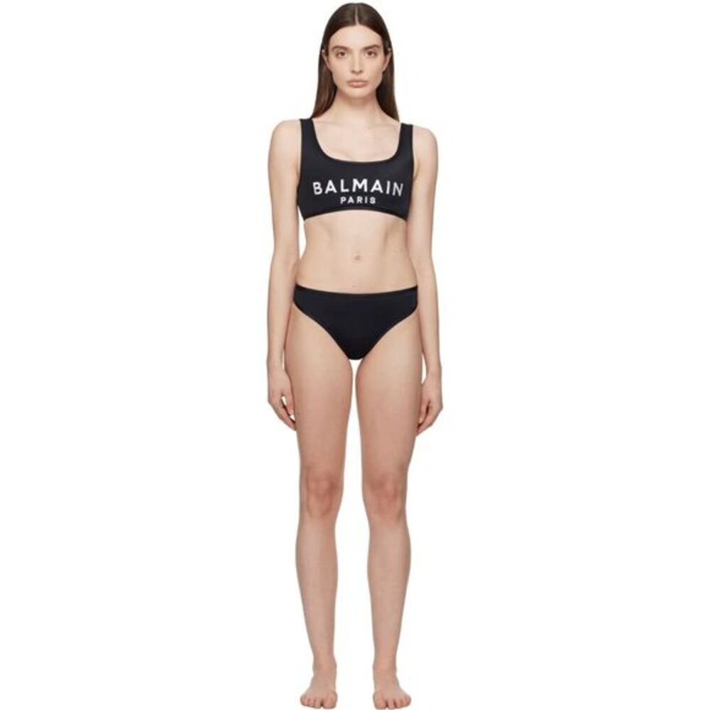NWT Balmain Paris Stretch Square Neck Embroidered Logo Bikini Set Black Size IT4
